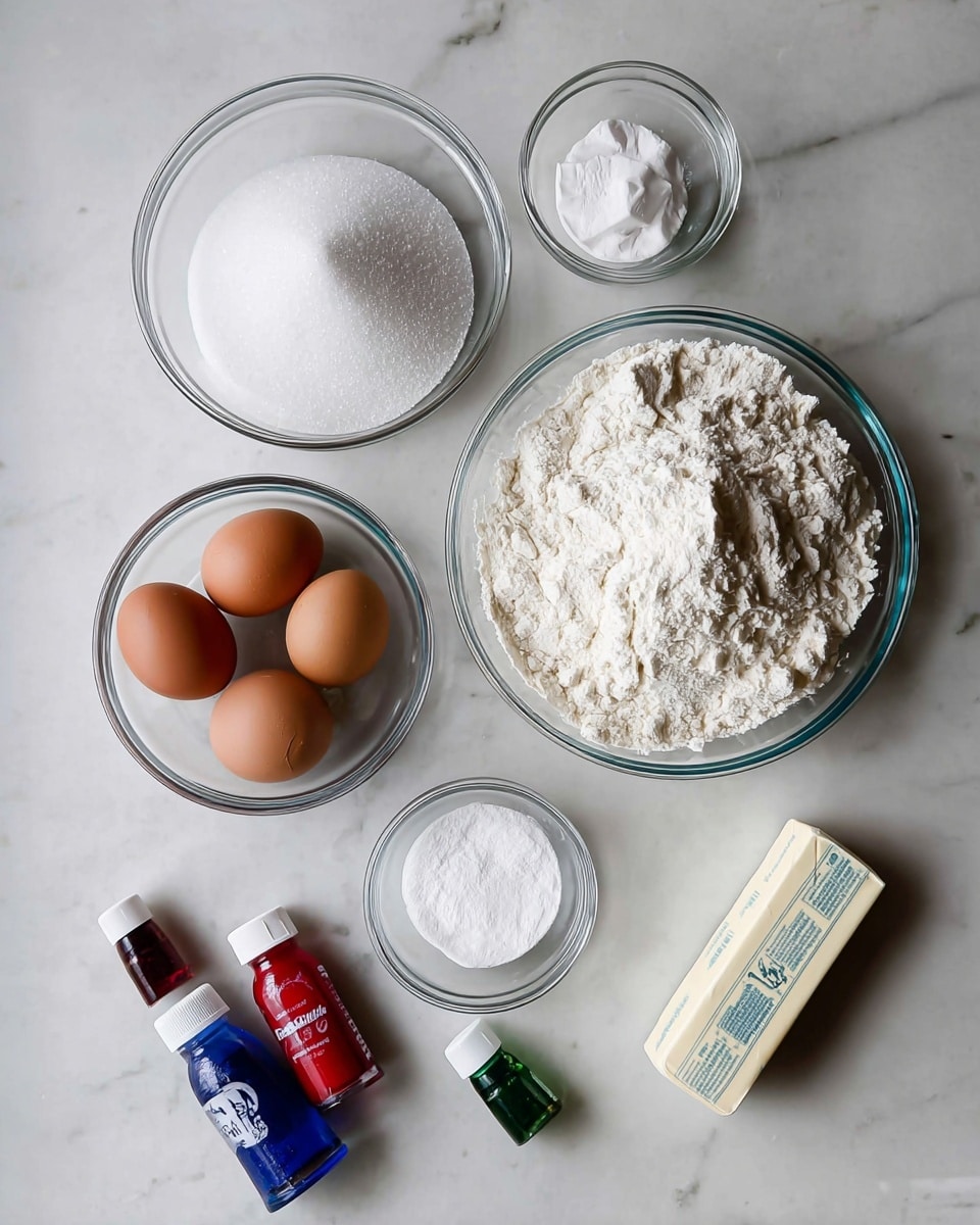 The image shows several clear glass bowls placed on a white marbled surface, each filled with different baking ingredients. At the top right, there is a large bowl filled with white flour, rough in texture, with some clumps. To the left of it, there is a medium bowl filled with granulated white sugar with a smooth texture. Below the sugar is a smaller bowl holding two brown eggs with a smooth shell. Near the bottom center, two small bowls contain white powders of different textures, likely baking soda and salt. To the left safety, there are two sticks of butter wrapped in white paper with blue labels. At the bottom left corner, two small bottles of red and blue food coloring stand upright, and to the right of them, a small green-capped bottle of vanilla extract lies flat on the surface. The entire setup is neat and organized. Photo taken with an iphone --ar 4:5 --v 7