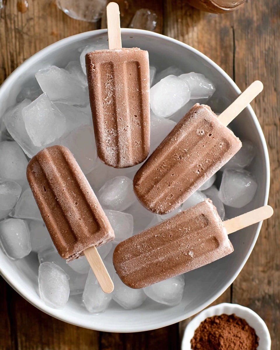 Six frozen chocolate popsicles with a smooth, slightly frosty texture are arranged on a bed of clear ice cubes inside a white bowl. The popsicles have light wooden sticks and show slight condensation, giving them a chilly appearance. The bowl rests on a wooden surface, and a small white bowl with cocoa powder is partially visible at the bottom right corner. The photo taken with an iphone --ar 4:5 --v 7