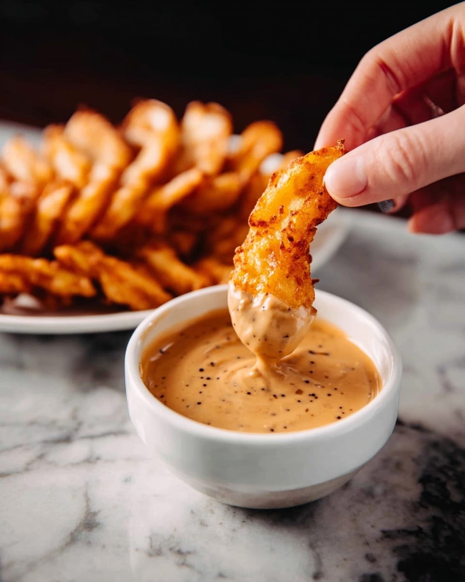 A woman's hand is holding a golden, crispy fried item, dipping it into a white bowl of thick, creamy light brown sauce with specks. In the blurry background, there is a white plate holding several more fried items arranged in a fan shape. Everything sits on a surface with a white marbled texture. photo taken with an iphone --ar 4:5 --v 7