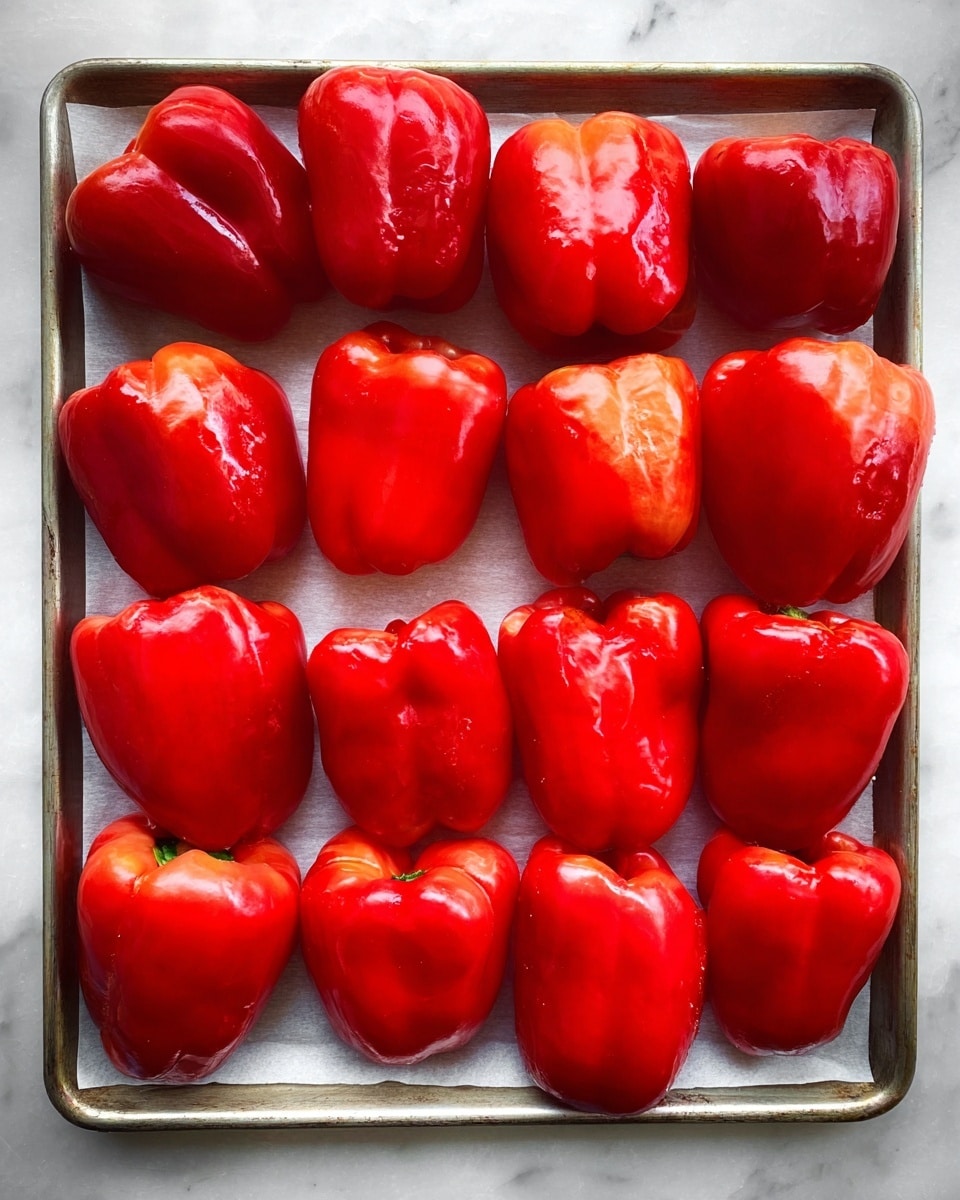 The image shows a metal tray lined with white parchment paper, filled with 15 red bell pepper halves placed neatly in a grid. Each pepper is shiny with a smooth, glossy red skin and a slight gradient of orange in some parts, reflecting light. The peppers are arranged cut side down, showing their smooth curved backs, with no visible seeds or inner textures. The tray is set on a white marbled textured background. photo taken with an iphone --ar 4:5 --v 7