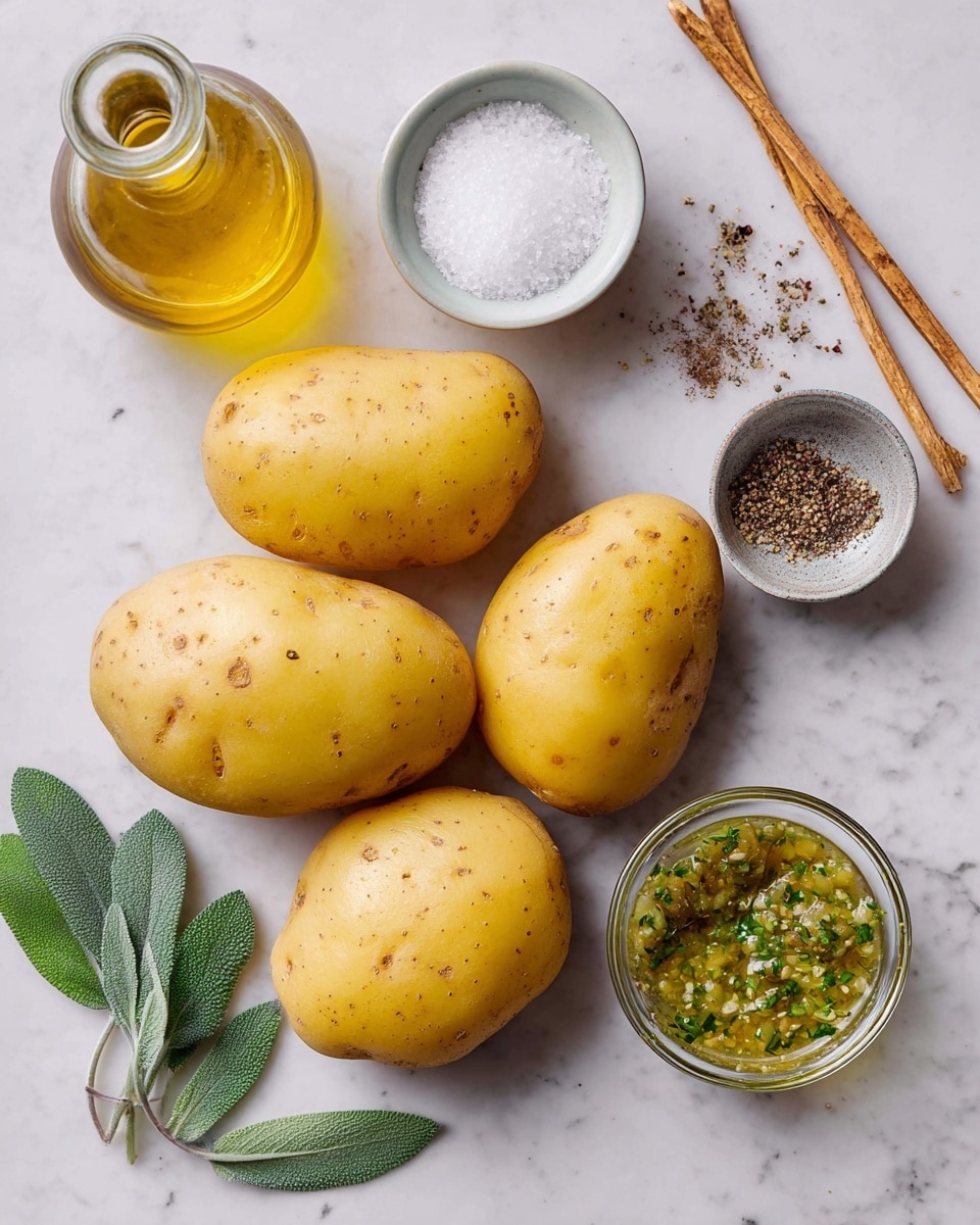 Six yellow potatoes with a smooth texture and small brown eyes are spread on a white marbled surface. At the top left, there is a clear glass bottle filled with golden oil, next to a small white bowl filled with coarse white salt. To the right of the potatoes, two thin brown sticks lie beside a small white bowl with ground black pepper. At the bottom right, a small clear glass bowl contains a green and yellow herb sauce with visible chopped herbs and garlic. Three fresh green sage leaves are placed at the bottom left corner of the image. Photo taken with an iphone --ar 4:5 --v 7