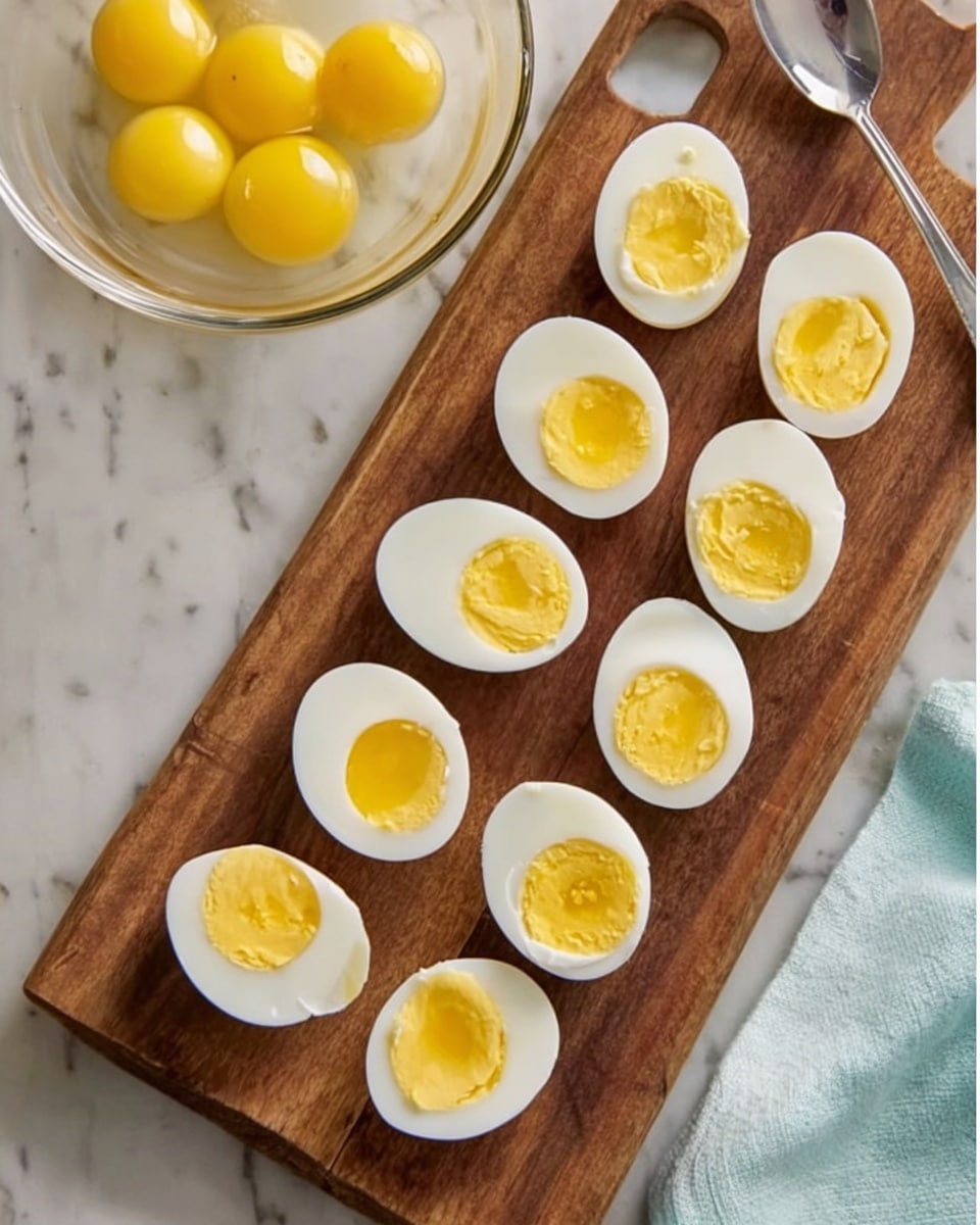 The image shows a wooden board placed on a white marbled surface with eleven halved boiled eggs arranged in rows. Each egg half has a smooth white outer layer and a bright yellow yolk inside, some yolks are whole while others are removed, leaving empty white shells. Above the board, there is a clear glass bowl containing several yellow yolks and a silver spoon resting inside. A white cloth is seen near the top right corner of the board. photo taken with an iphone --ar 4:5 --v 7