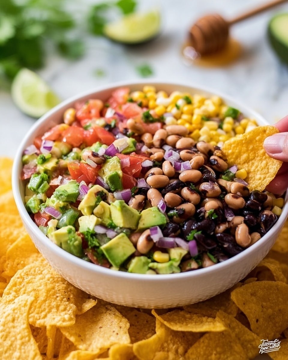 A white bowl filled with a colorful salad showing three main layers: at the bottom, small diced orange-red tomatoes and light purple onion pieces mixed with bright green avocado chunks; in the middle, creamy yellow corn kernels and pale beige black-eyed peas scattered evenly; on top, dark black beans mixed with more diced tomatoes and avocado pieces. The bowl is surrounded by light yellow, textured corn chips all placed on a white marbled surface. A woman's hand holds a chip above the bowl on the right side. In the background, blurred green leaves and a wooden honey dipper are visible. Photo taken with an iphone --ar 4:5 --v 7