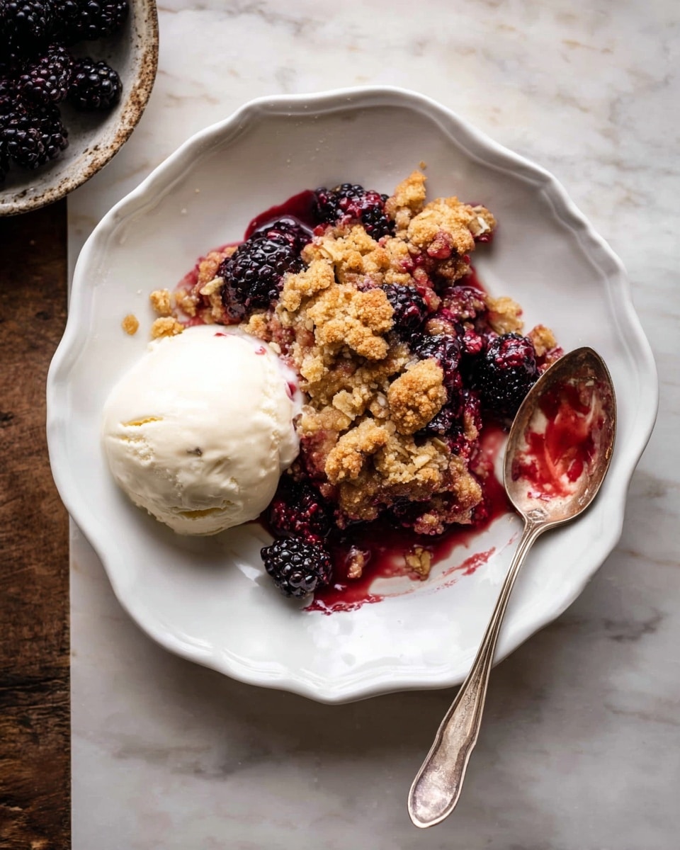 A white scalloped plate holds a serving of berry crumble with visible purple blackberries and reddish berry filling at the center, topped with crumbly golden brown oat crust pieces layered unevenly. Next to the crumble on the left is a scoop of creamy white vanilla ice cream with a smooth texture. A vintage silver spoon rests on the right side of the plate, its bowl showing red berry juice stains. The plate is placed on a white marbled surface, and a silver spoon with white cream is nearby. photo taken with an iphone --ar 4:5 --v 7