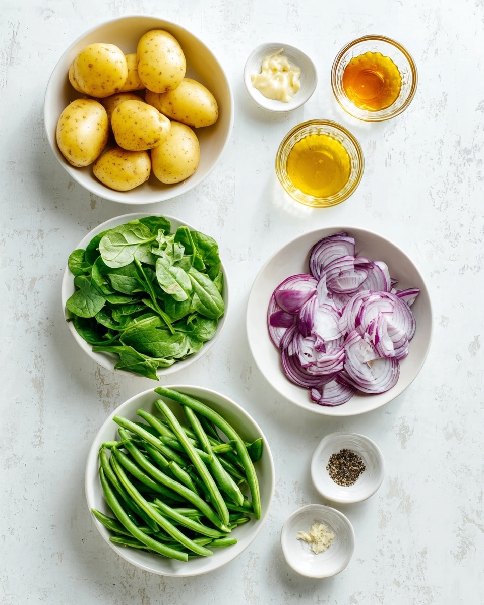 The image shows six white bowls and two small white dishes placed on a white marbled surface. The top bowl contains yellow baby potatoes, some whole and some cut in halves, creating a yellow and light brown textured layer. To the right of the potatoes, there are two small glass jars, one with a clear golden liquid and the other with a darker amber liquid. Below the potatoes, a white bowl holds thinly sliced red onions, purple and translucent with delicate layers visible. To the right of the onions, one small white dish contains a few chopped white garlic pieces, while another small dish holds ground black pepper. At the bottom left, a white bowl is filled with fresh green spinach leaves, layered loosely. Next to it, a white bowl holds fresh green beans arranged evenly, bright and smooth in texture. The whole setup is neat and colorful with natural, fresh ingredients arranged in a clean and simple style photo taken with an iphone --ar 4:5 --v 7