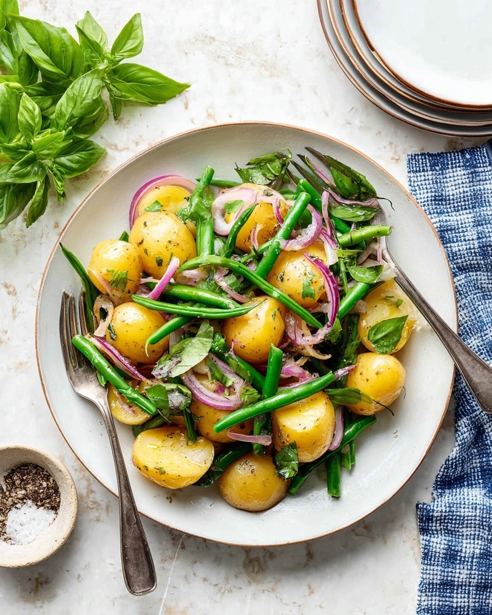 This image shows a white plate with a thin brown rim filled with a colorful salad. The salad has three main layers: at the bottom, there are whole and halved small yellow potatoes with a soft texture, on top of these are bright green cooked green beans scattered throughout, and mixed with thin, translucent slices of red onions. Fresh green basil leaves, some whole and some torn, are sprinkled all over the salad adding a vibrant green touch. Two silver spoons rest on opposite sides of the plate, partially under the salad. The plate sits on a white marbled surface with a small bowl of salt and pepper next to it, fresh basil leaves on the left, and a couple of white plates and a blue-checkered cloth to the right. Photo taken with an iphone --ar 4:5 --v 7