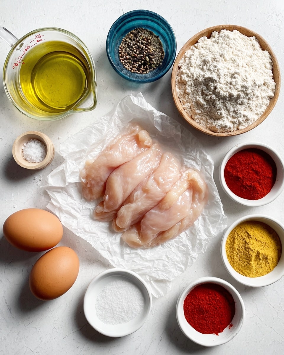 The image shows raw light pink chicken tenders placed on a crumpled white paper in the center on a white marbled surface. Surrounding them are small bowls with different ingredients: a white bowl filled with light beige flour on the right side, a small white bowl with yellow mustard below it, and another small white bowl with reddish-brown sauce next to the mustard. Above these, there are three small white bowls with spices in shades of orange, red, and beige. To the left of the chicken, a measuring cup with clear light yellow oil is placed next to two brown eggs. Above the eggs, there are two small bowls with salt (white) and ground black pepper mixed with white salt. A small empty white bowl is beside the measuring cup. photo taken with an iphone --ar 4:5 --v 7