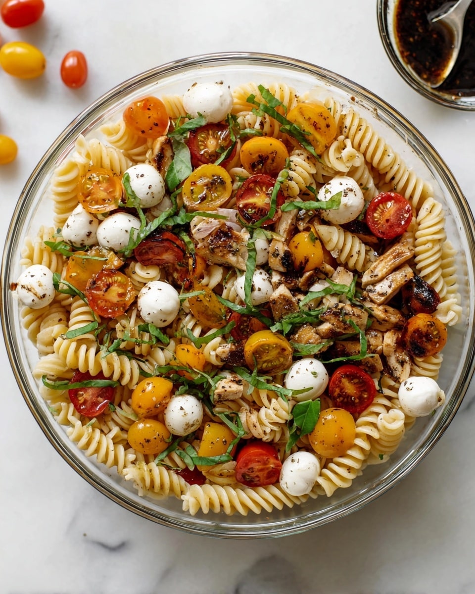 A clear glass bowl filled with a pasta salad made of three main layers: the bottom layer contains spiral-shaped pasta of light beige color with a smooth texture, the middle layer has grilled pieces of light brown chicken mixed with halved red and yellow cherry tomatoes showing juicy interiors, and the top layer is garnished with smooth white mozzarella balls and fresh green basil leaves scattered throughout. Black pepper specks are sprinkled all over the dish. The bowl is placed on a white marbled surface and in the background, there is a clear glass bowl with dark balsamic vinegar and a silver spoon. photo taken with an iphone --ar 4:5 --v 7