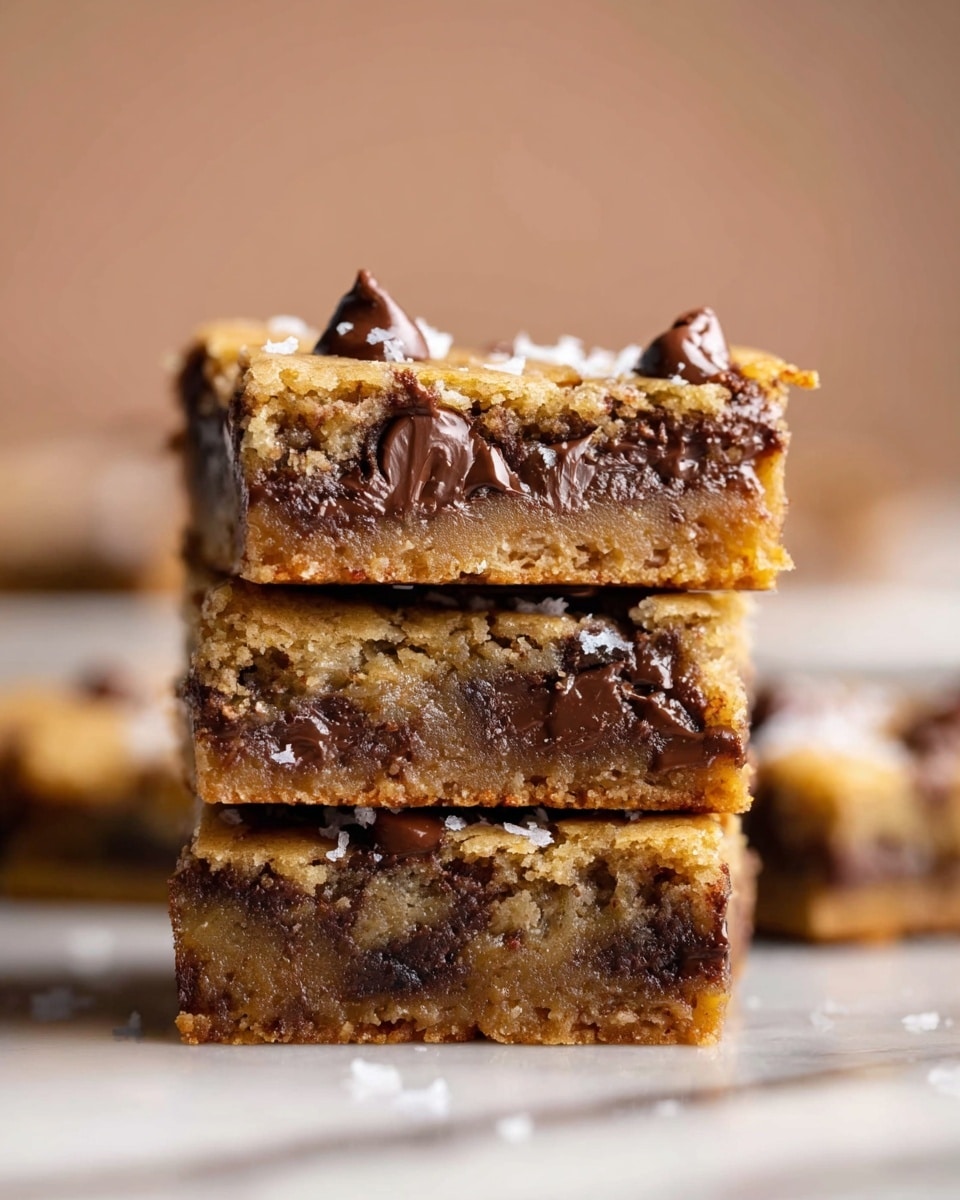 A close-up view of three stacked squares of chocolate chip cookie bars on a white marbled surface. Each bar has a golden brown top layer with visible melted chocolate chips that are slightly glossy and textured. The middle and bottom layers of the bars show a denser, soft cookie dough with many dispersed melted chocolate chunks inside. The top bar has a few distinct chocolate dollops and small white flakes that look like sea salt, adding texture. The background is softly blurred with a warm beige tone. photo taken with an iphone --ar 4:5 --v 7