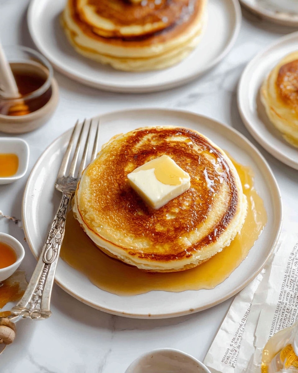 A stack of two golden brown pancakes sits on a white round plate with a smooth texture. The top pancake has a square piece of melting butter in the center, surrounded by shiny, amber syrup drizzled in a spiral pattern. A vintage silver fork rests diagonally on the left side of the plate. Around the main plate, there are two more plates partially showing, each holding similar pancakes with melting butter and syrup. The whole setup is placed on a white marbled surface with some pieces of paper and small dishes containing honey and syrup around. Photo taken with an iphone --ar 4:5 --v 7