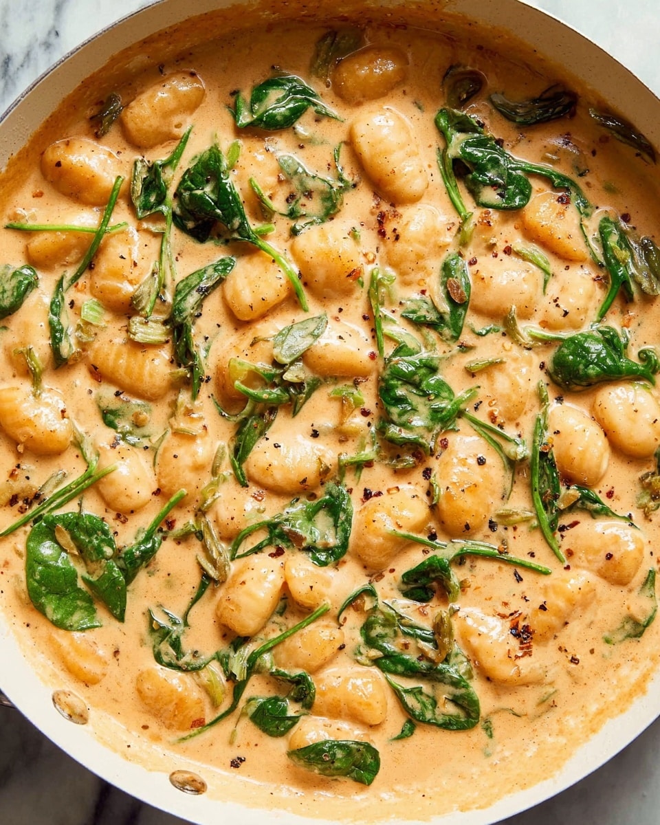 A white plate holds a creamy dish with about two layers: the base layer is light brown gnocchi covered generously with a thick, creamy sauce speckled with black pepper. Mixed into the sauce are fresh spinach leaves with their dark green color standing out against the light sauce. The plate is set on a white marbled texture surface. Nearby are two golden forks and a small white bowl with a similar creamy sauce inside. Photo taken with an iphone --ar 4:5 --v 7