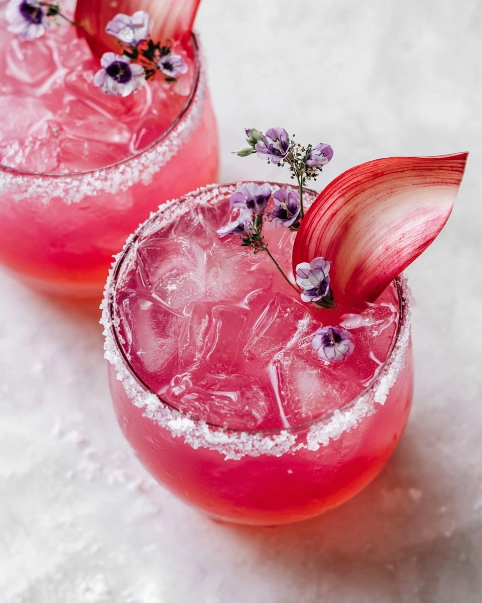 Two white round glasses on a white marbled surface hold bright pink drinks filled with many clear ice cubes. Each drink has a curled pinkish-red garnish on the rim that looks like a thin piece of rhubarb. Small sprigs of tiny white and purple flowers float on top of the drinks. The rims of the glasses are coated with coarse white salt crystals. Photo taken with an iphone --ar 4:5 --v 7