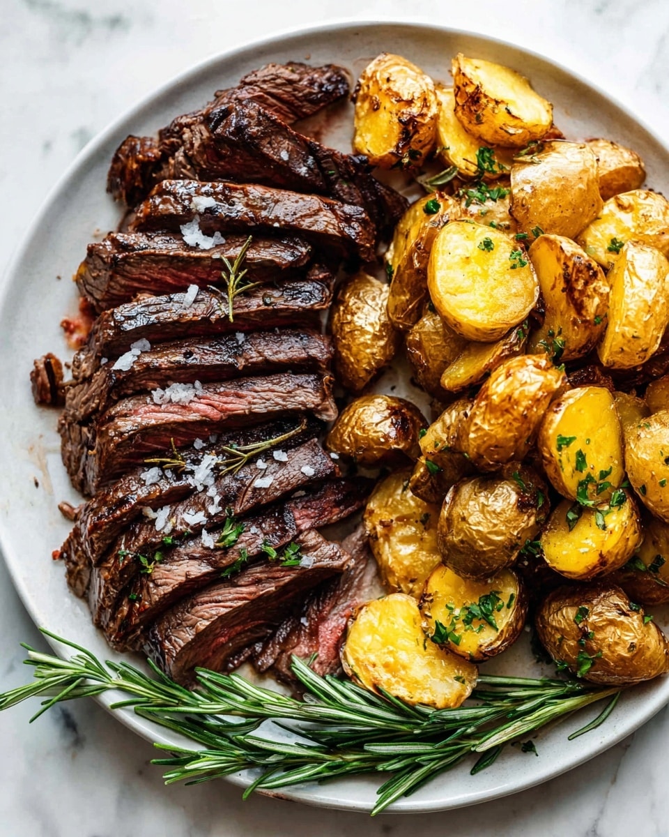 A white plate holds two sections of food on a white marbled surface: on the left side, there are several slices of cooked steak, layered in an overlapping manner with a pink center and dark brown, slightly charred edges, sprinkled with coarse salt and garnished with small green rosemary sprigs. On the right side, there is a pile of roasted potato pieces, golden brown and slightly crispy with a rough texture, some cut in halves and others in chunks, mixed with small green herb leaves scattered on top. A light gray cloth rests partly on the surface near the bottom right of the plate photo taken with an iphone --ar 4:5 --v 7
