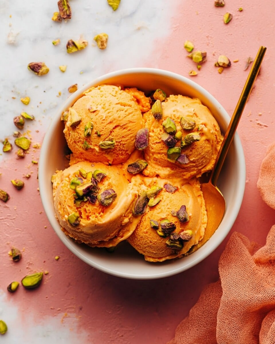 The image shows a white bowl filled with four scoops of orange ice cream with a smooth but slightly textured surface. Each scoop is topped with scattered pieces of green and brown pistachio nuts, adding a rough texture. A gold spoon sits inside the bowl on the left side. The bowl rests on a pink surface with more pistachio pieces spread randomly around it, and there is a soft textured peach-colored cloth on the bottom right corner. The background is a white marbled texture. Photo taken with an iphone --ar 4:5 --v 7