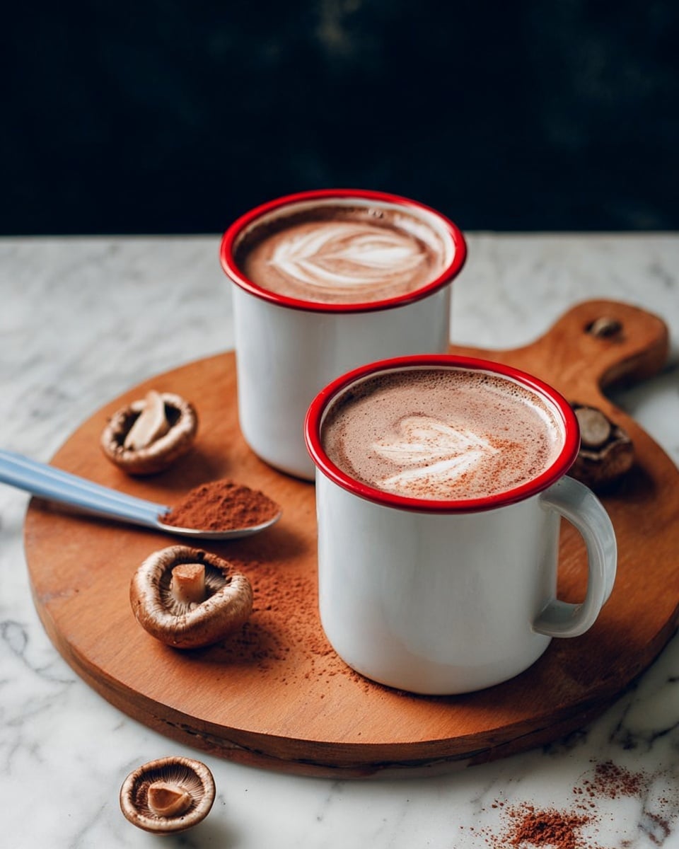 Two white mugs with red rims hold hot chocolate topped with white foam art swirling from the center. They sit on a round wooden board. Around the mugs on the board are three brown mushrooms, two cinnamon sticks, and a spoon with brown powder. The background is white marbled texture. Photo taken with an iphone --ar 4:5 --v 7