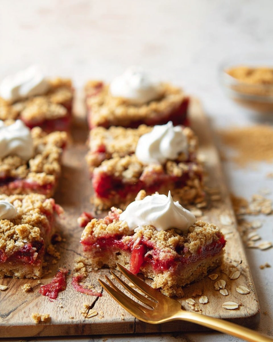 The image shows several square pieces of a fruit crumble bar on a wooden board. Each piece has three layers: a light brown crumbly base, a middle layer of red fruit filling with visible chunks, and a top layer of golden oat crumble with visible oats and a rough texture. One piece has a dollop of white whipped topping, with a gold fork next to it lifting a bite. Scattered oats are around the bars, and in the background, there is a spoon with brown sugar on the board. The background surface is white marbled texture. photo taken with an iphone --ar 4:5 --v 7