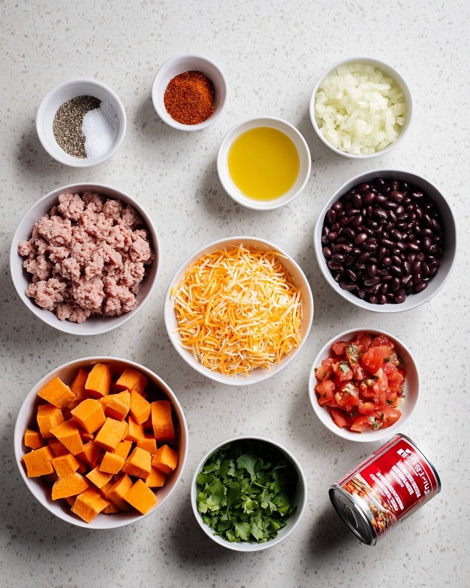 The image shows a white marbled surface with ten white bowls and a can arranged neatly. Starting from the top left is a small bowl with a mix of salt and pepper, next to it a small bowl filled with reddish-brown seasoning powder. Below them is a small bowl with yellow olive oil, followed by a medium bowl with shiny black beans. On the top right is a medium bowl with finely chopped white onions and beside it a small bowl with minced garlic. Below those, there is a large bowl filled with orange cubed sweet potatoes, next to it is a medium bowl of light pink ground meat. Above the meat bowl is a medium bowl filled with shredded orange and white cheese. On the bottom right, a small bowl holds chopped green cilantro, and next to it is a red and white can of fire roasted diced tomatoes. The colors are bright, and the arrangement is clean and organized. Photo taken with an iphone --ar 4:5 --v 7