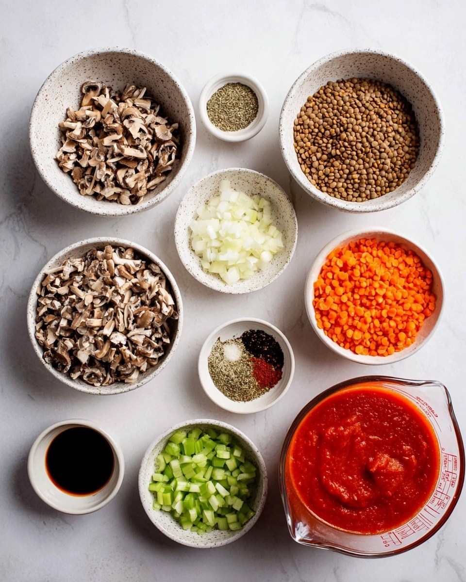 The image shows a collection of small white and speckled bowls arranged neatly on a white marbled surface. There are nine bowls in total, each containing different ingredients: one large bowl filled with finely chopped brown mushrooms, a slightly smaller bowl holding cooked brown lentils, a small bowl with bright orange diced carrots, another with finely chopped white onions, and a tiny bowl with small green diced celery pieces. There is also a large clear glass measuring cup filled with a thick red tomato sauce placed at the front right. Surrounding these are smaller bowls with minced garlic, olive oil, black pepper, dried herbs, chili flakes, and dark soy sauce, all showing different textures and colors. The presentation is clean and organized, ready for cooking. Photo taken with an iphone --ar 4:5 --v 7