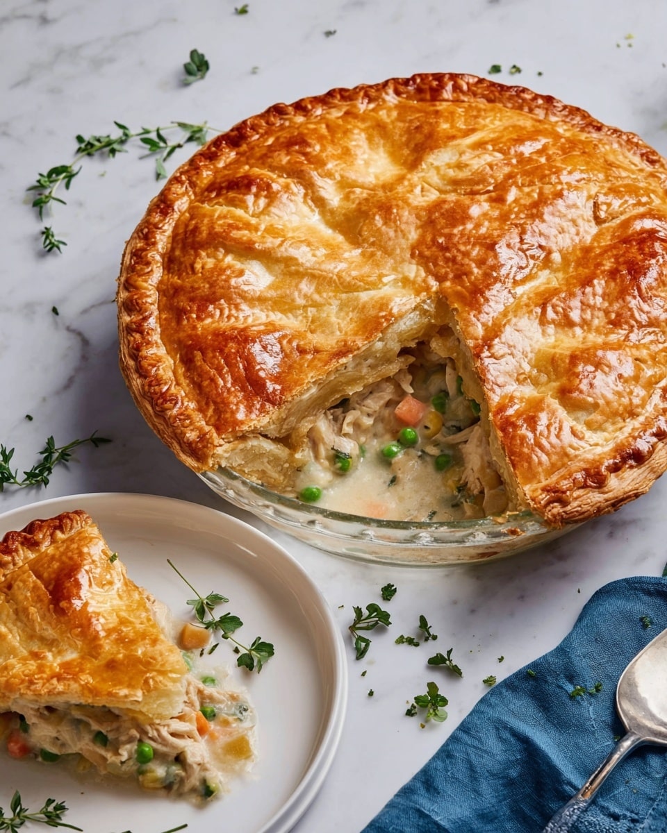 A single slice of golden brown pie with a flaky crust sits on a white plate with a subtle striped pattern. The top layer is a shiny, crisp, light brown crust with small cracks and a few darker spots. Inside, there are three visible layers of filling: bright green peas, orange carrot pieces, and white creamy chicken mixed with some herbs, all held together by a thick creamy sauce. Around the plate, some small crumbs and tiny green herb leaves are scattered on a white marbled surface. Photo taken with an iphone --ar 4:5 --v 7