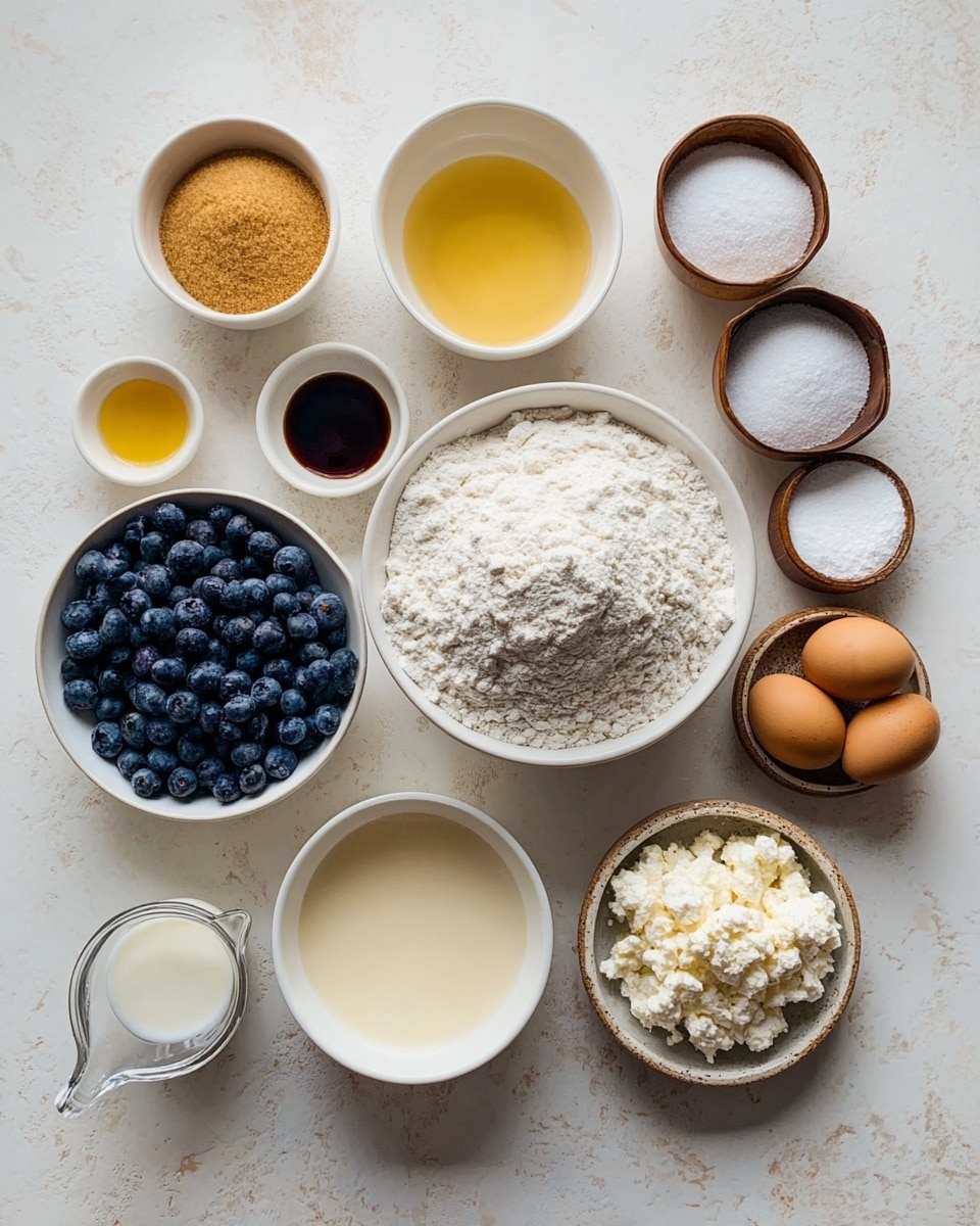 The image shows several white bowls and a light brown plate arranged on a white marbled surface. In the center is a large white bowl filled with white flour. To its left, two white bowls contain golden brown sugar and yellow oil. Below them, a white bowl is full of fresh, dark blue blueberries, and next to it is a smaller white bowl with a pale yellow liquid. Below the flour bowl, there is a clear measuring cup with melted butter and a small white bowl with milk. To the right of the flour bowl, a white bowl holds white cottage cheese. Above this, three small wooden bowls contain white powder, salt, and a light beige powder. On the far right, a light brown plate holds two brown eggs and a small decorative bowl with dark vanilla extract. The layout is neat, focused, and captures natural textures and colors. Photo taken with an iphone --ar 4:5 --v 7