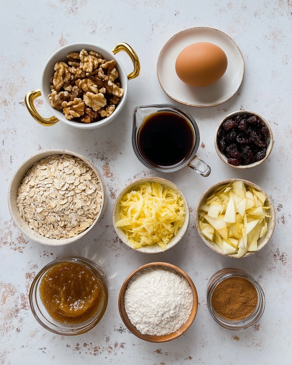 The image shows an arrangement of ten different ingredients on a white marbled surface. From left to right, top to bottom: small white bowl with golden handles filled with chopped walnuts, white small plate holding a brown egg and a small glass jug of dark syrup, clear glass jug with dark syrup, small white bowl with golden handles filled with dark raisins, white small bowl filled with light brown rolled oats, white bowl filled with shredded yellow apple, white bowl filled with white flour, small clear glass filled with light golden applesauce, small clear glass filled with brown nut butter, and a small round wooden bowl with white sugar, baking soda, cinnamon, and ground ginger. All containers are neatly placed in rows, clearly showing the different textures and colors of the ingredients, photo taken with an iphone --ar 4:5 --v 7