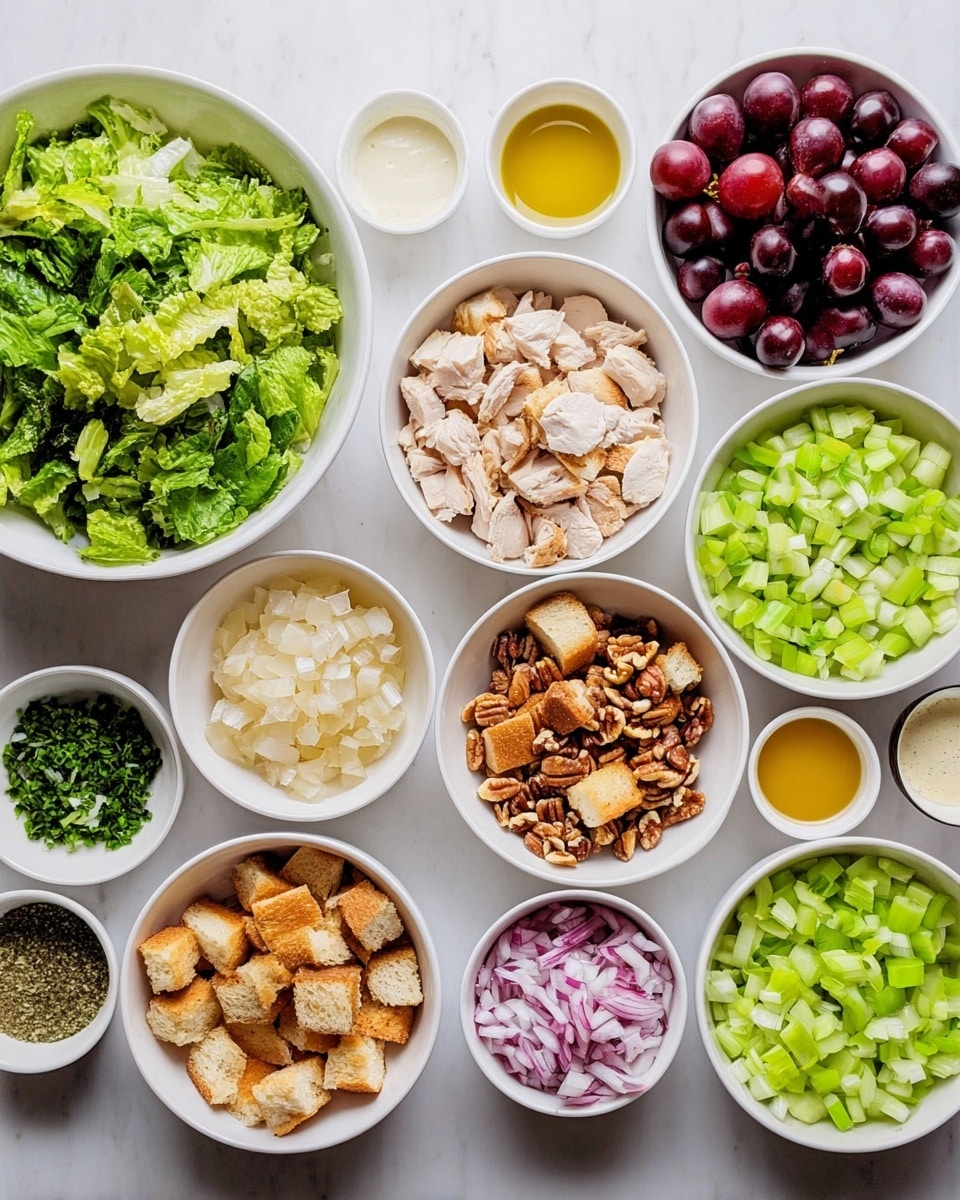 This image shows many small white bowls placed on a white marbled surface, each holding different salad ingredients. The bowls form three rough rows from the left to the right side of the image. At the bottom left, a large white bowl is filled with chopped green lettuce leaves. Above it, a white bowl with dark red grapes that are cut in half. Next to grapes on the right, a white bowl holds brown chopped nuts. Below the nuts, a white bowl contains light beige chopped cooked chicken pieces. To the right of the chicken, a white bowl is filled with golden brown bread chunks. Above the bread, a small bowl with chopped red onions. To the right of onions, a bowl with chopped bright green celery sticks. Surrounding these larger bowls are tiny white bowls with various dressings, chopped herbs, mayonnaise, mustard, and minced garlic. The overall look is neat and colorful with fresh ingredients. Photo taken with an iphone --ar 4:5 --v 7