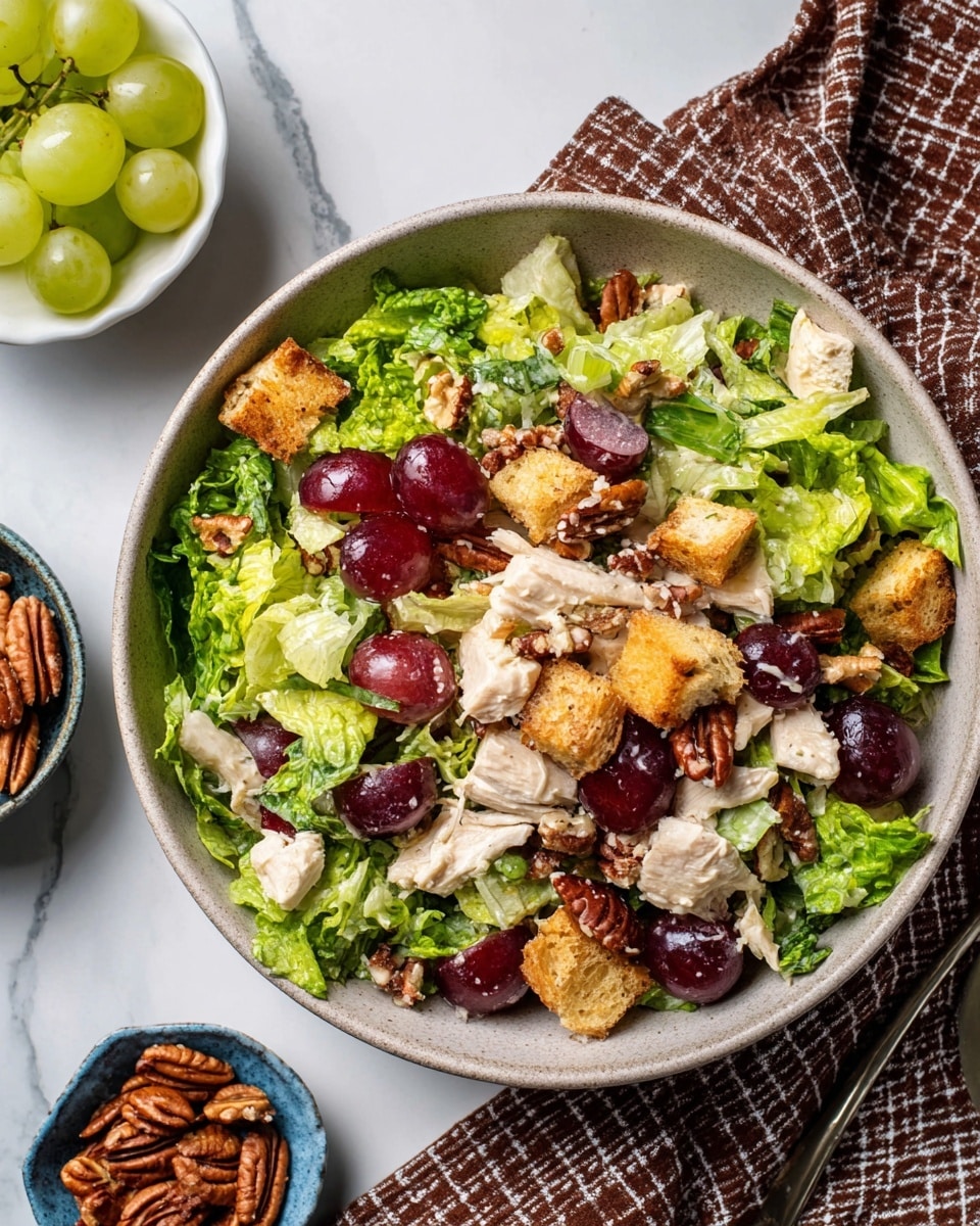 A rough textured bowl with a light gray base holds a colorful salad made of several layers. The bottom layer consists of bright green leafy romaine lettuce with a crisp texture. Scattered on top are chunks of white chicken pieces mixed with small pieces of green celery. Deep red grape halves fill in spaces between the layers, shining with moisture. There are crunchy brown pecan nuts sprinkled all around. Crispy golden brown croutons rest on various parts of the salad, adding texture contrast. A silver fork is partially visible on the right side of the bowl. The setting has a white marbled surface with a small white bowl of grape halves in the upper left corner and a small blue-gray bowl with more pecans near the bottom. There is a brown checkered cloth under the bowl. photo taken with an iphone --ar 4:5 --v 7