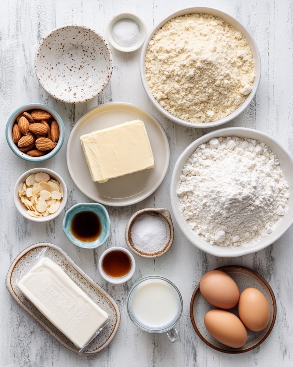 The image shows an overhead view of many small white bowls and dishes with baking ingredients arranged neatly on a white marbled surface. Starting from the top left, there is a small white speckled bowl holding a block of butter. Next to it is a larger white bowl filled with light beige almond flour. To its right, there is another large white bowl full of white flour with a small brown bowl of white powder (baking powder) nearby. Below that, a white rectangular butter package is placed. On the bottom left side, there are small white and brown dishes holding vanilla extract, an egg in a small white bowl, sugar in a medium white bowl, sliced almonds in a small clear glass jar, and white yogurt in a small white bowl. Toward the bottom right, two eggs rest on a small brown plate, beside a small brown bowl of salt and a small white bowl of milk or cream. Everything is arranged symmetrically, highlighting the variety of baking ingredients. photo taken with an iphone --ar 4:5 --v 7