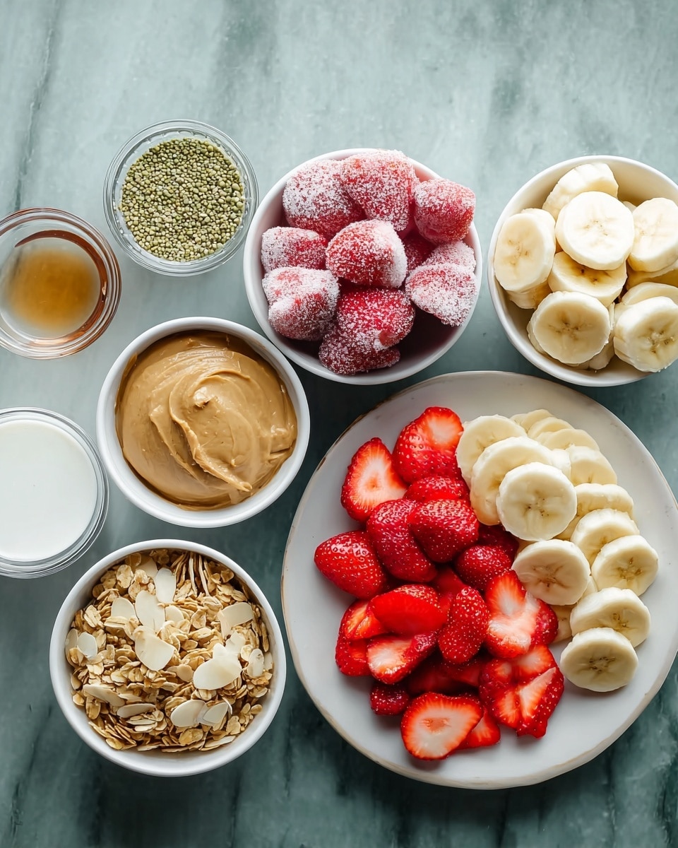 The image shows several small white bowls and a white plate placed on a white marbled surface. The white plate on the right contains layers of sliced banana in pale yellow and bright red fresh strawberries arranged side by side. Nearby, a white bowl is filled with frozen strawberries covered with frost. Another white bowl contains sliced bananas, pale yellow with some light brown spots in the center. A smaller white bowl holds golden-brown granola with almond slivers. There is a white bowl filled with brown peanut butter with a smooth texture. Next to it is a small white bowl filled with light green hemp seeds. Also visible are small containers holding a white powder, milk, and a small clear brown liquid. photo taken with an iphone --ar 4:5 --v 7