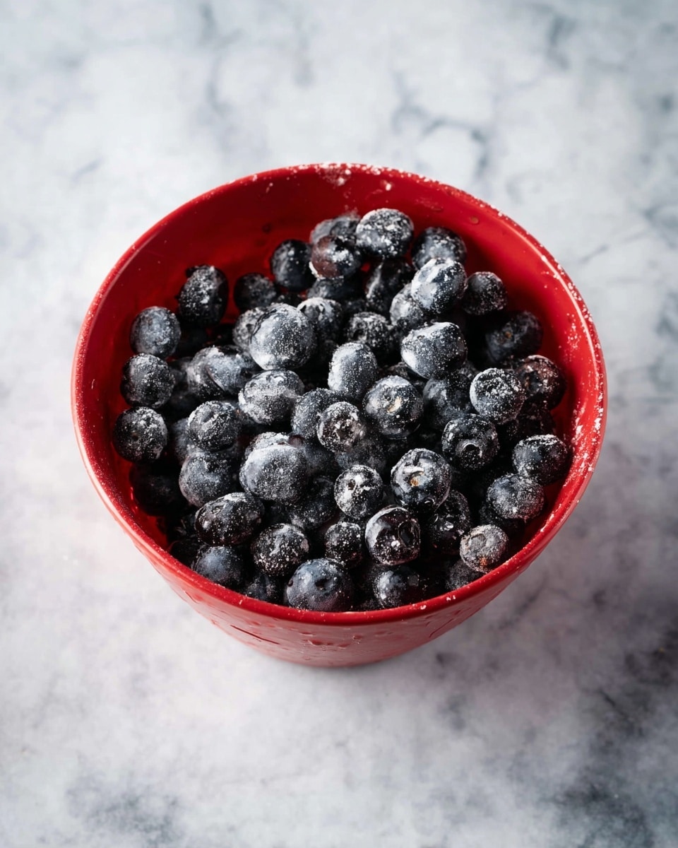 A red bowl filled with dark blue blueberries coated lightly with a white powder, sitting on a white marbled surface. photo taken with an iphone --ar 4:5 --v 7