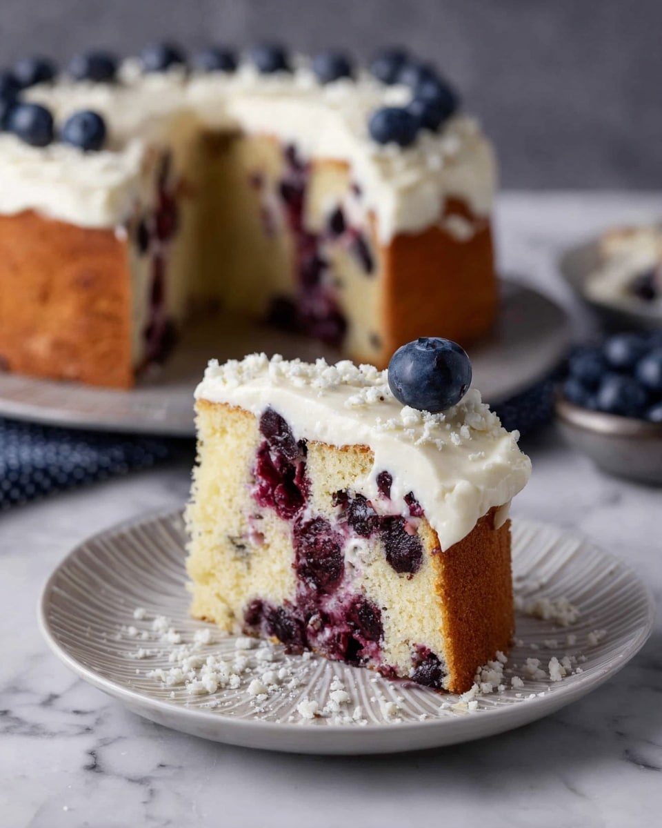 A slice of berry cake with two visible layers: the bottom layer is a light yellow cake filled with dark purple and red berries, and a thick top layer of white frosting with a smooth texture. The cake slice sits on a white plate with a slightly ridged surface, sprinkled with small white crumbles around it. On top of the frosting rests a single plump blueberry. In the background, the rest of the whole cake, which has the same berry-filled yellow cake and white frosting with blueberries on top, sits on a white plate on a white marbled surface. photo taken with an iphone --ar 4:5 --v 7