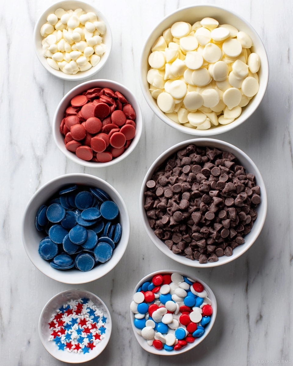 Seven white bowls are arranged on a white marbled surface. The top right bowl holds many off-white chocolate chips. Below it to the left is a bowl filled with smooth white chocolate wafers. Below that is a large bowl filled with small dark brown chocolate chips. In the bottom right corner, a small bowl contains red, white, and blue candy-coated chocolate pieces. Above it to the left is a bowl with red chocolate wafers. Above that is a bowl holding deep blue chocolate wafers. The top left small bowl contains small star-shaped sprinkles in red, white, and blue. Photo taken with an iphone --ar 4:5 --v 7