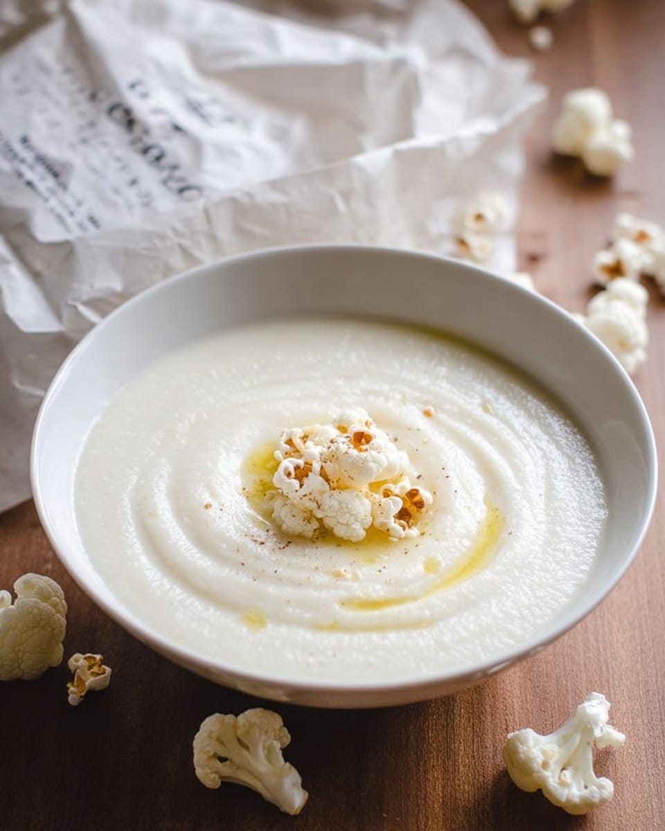 A white wide bowl filled with a smooth, creamy white soup that has a soft swirl texture on the surface. In the middle of the soup, there is a small pile of white popcorn with hints of light brown seasoning and a light drizzle of yellow oil just beside the popcorn. The bowl is placed on a wooden table with scattered popcorn and a crumpled white paper bag with text and a simple design visible in the background. The scene is bright and softly lit with a cozy feel. Photo taken with an iphone --ar 4:5 --v 7