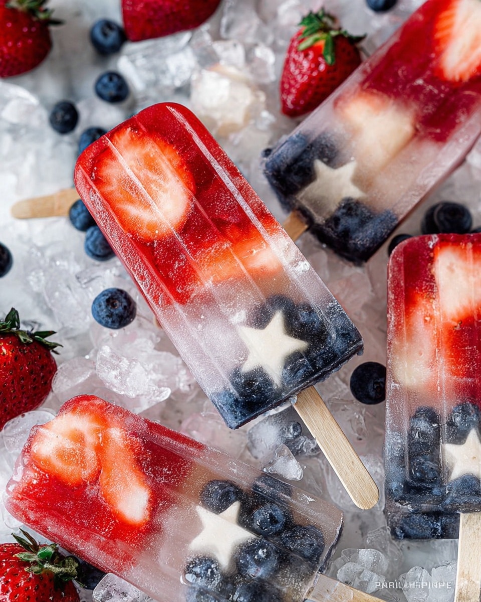 The image shows several clear popsicles with three visible layers lying on crushed ice with a white marbled texture. The bottom layer contains small dark blueberries which add deep blue spots inside the ice. The middle layer has star-shaped white pieces that stand out against the clear ice. The top layer is bright red with slices of strawberry, creating a vibrant contrast. The popsicles have wooden sticks at the bottom and are surrounded by loose blueberries and star-shaped white pieces on the ice. Photo taken with an iphone --ar 4:5 --v 7