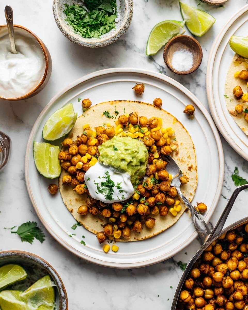 A white plate holds a single grilled tortilla as the base layer, topped with a layer of golden-brown roasted chickpeas scattered evenly. Bright yellow corn kernels are sprinkled over and around the chickpeas, adding pops of color. On top, a dollop of creamy white sour cream sits next to a scoop of green guacamole. A fresh lime wedge and a sprig of cilantro rest on the side for garnish. The plate is set on a white marbled surface with small bowls around it holding lime wedges, sour cream with a spoon, chopped herbs, and roasted chickpeas in a pan. photo taken with an iphone --ar 4:5 --v 7