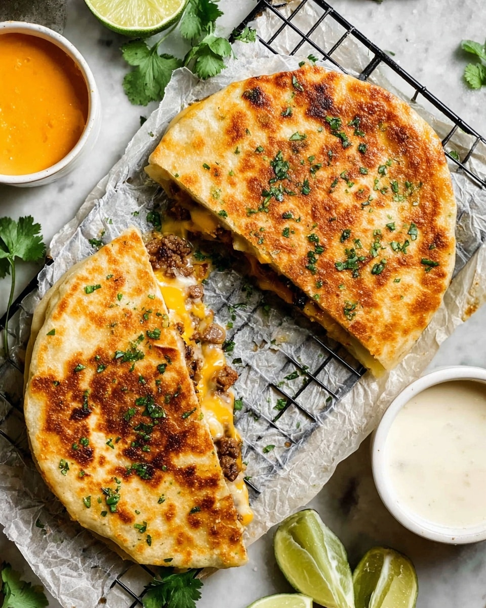 Two quesadillas are on a black cooling rack with crumpled paper underneath, placed on a white marbled surface. Both quesadillas have a golden brown, crispy outside with green herbs sprinkled on top. One is whole and the other is cut in half, showing layers inside of melted yellow cheese and browned meat. Around the rack, there are lime wedges and a white bowl with creamy white sauce on the right and another white bowl with smooth orange cheese sauce on the left. Some green cilantro leaves are scattered around the setup. Photo taken with an iphone --ar 4:5 --v 7