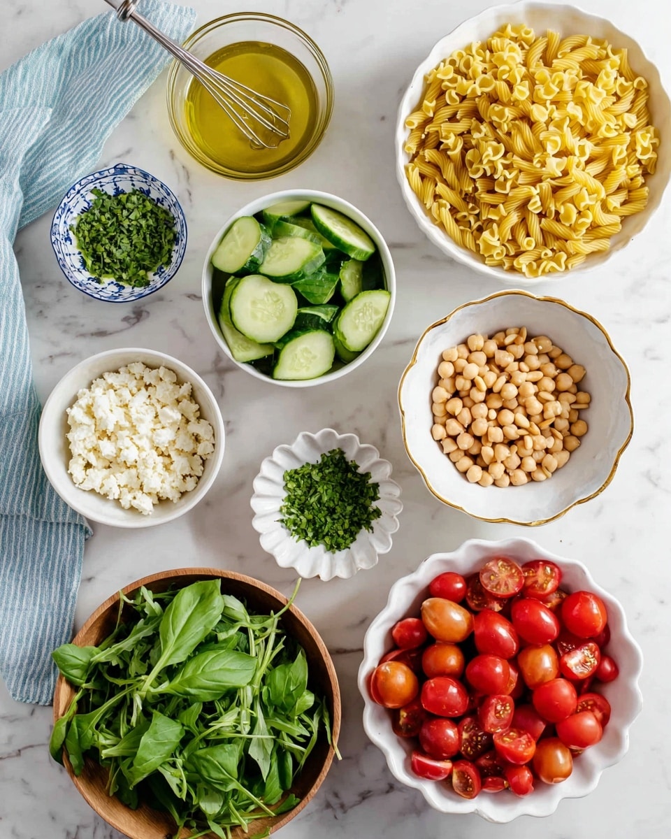 This image shows nine separate bowls and a small whisk in a glass bowl with dressing, all placed on a white marbled surface. At the top right, there is a white bowl full of yellow, curly pasta. Below it, a white bowl contains sliced green cucumbers. To the right of the cucumbers, a gold-trimmed white bowl is filled with beige chickpeas. Near the chickpeas, there is a small white scalloped bowl with light brown pine nuts. Below the chickpeas, a white scalloped bowl holds fresh green arugula leaves. In the bottom left, a white bowl with a gold rim contains crumbly white cheese. Above that, a small white bowl with blue lines around the edge has finely chopped green herbs. In the center left, a round wooden bowl holds fresh green basil leaves. In the middle, a white scalloped bowl is full of red cherry tomatoes, some cut in half showing their juicy insides. At the top left, a glass bowl contains yellow dressing with herbs and a small whisk inside. A folded blue and white striped cloth is folded in the corner. photo taken with an iphone --ar 4:5 --v 7