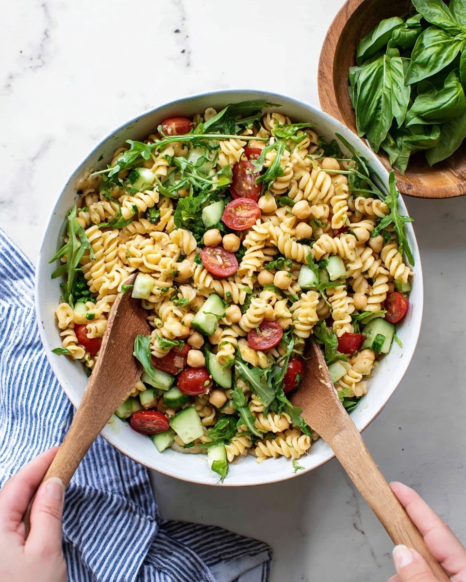 A white bowl filled with a pasta salad made of three main layers: the base layer of light yellow spiral pasta, scattered with light beige chickpeas; over this are bright red cherry tomatoes and light green cucumber slices; the top layer is fresh dark green arugula leaves mixed evenly. Two wooden spoons are in the bowl, one on the left side held by a woman's hand and the other on the right side held by another woman's hand stirring the salad. In the background, there is a wooden bowl filled with green basil leaves placed on a white marbled surface with a blue and white striped cloth nearby. photo taken with an iphone --ar 4:5 --v 7