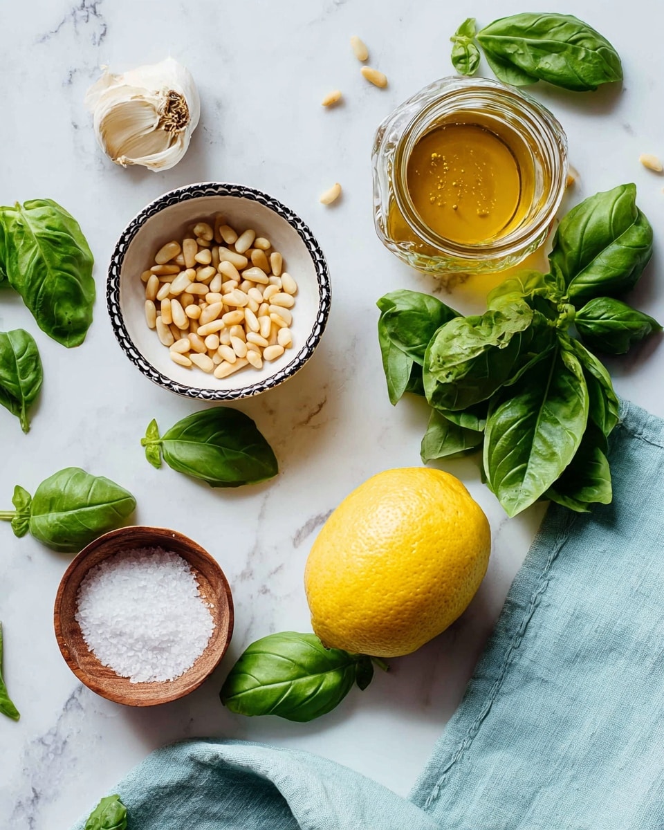 A top view shows fresh basil leaves scattered on a white marbled surface, surrounding a bright yellow lemon placed near the bottom right. Above the lemon, there is a small wooden bowl with white salt inside. To the left, a small white bowl with black trim is filled with pale pine nuts and placed near a clove of garlic. Above the bowl, a glass jar contains golden honey. A folded light blue cloth is partly visible at the bottom right corner. photo taken with an iphone --ar 4:5 --v 7
