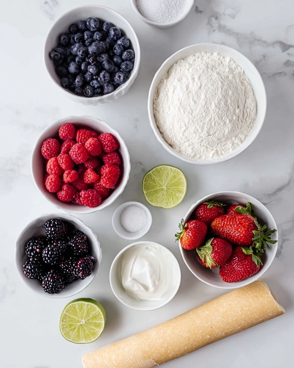 The image shows six white bowls and two lime halves placed on a white marbled surface. The top right bowl is filled with fine white flour, while the top left bowl contains small, dark blueberries. Below that, a bowl of bright red raspberries is on the left, and to the right, a smaller bowl with white granulated sugar. Near the bottom left, there is a bowl filled with large blackberries, and on the bottom right, a bowl of fresh red strawberries with green tops. Two lime halves are placed on the marbled surface, one between the raspberries and blueberries, and the other near the blackberries and a rolled light brown dough stick, which is placed horizontally at the bottom center. The overall setting is bright with natural light coming from above. photo taken with an iphone --ar 4:5 --v 7