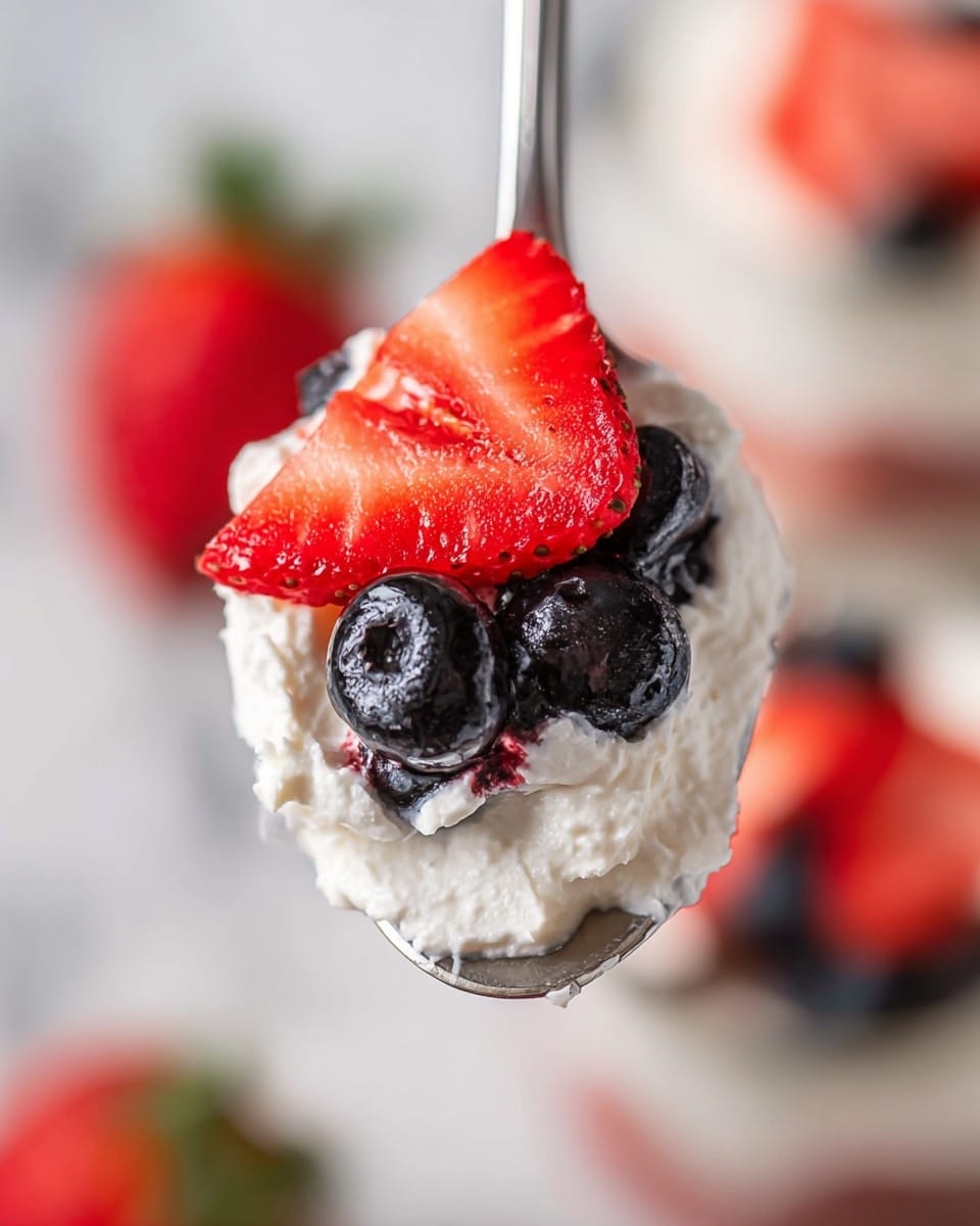 A close-up image of a spoon holding a small scoop of food with three main layers: the bottom layer is thick white cream with a smooth and fluffy texture, the middle layer consists of several whole shiny dark blueberries, and the top layer has thin slices of bright red strawberries with seeds visible. The spoon is silver and held up close, with a blurred background showing a white marbled texture and soft hints of red strawberries. The image focuses tightly on the spoonful of food, capturing the fresh and creamy look. photo taken with an iphone --ar 4:5 --v 7