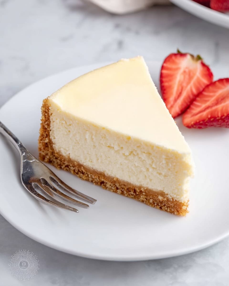 A single slice of cheesecake with two clear layers sits on a white plate: the bottom layer is a light brown crumbly crust, while the top layer is a thick creamy pale yellow filling. The cheesecake texture looks smooth and dense. A silver fork is placed beside the slice on the left side. In the background, two halves of a red strawberry rest on a white marbled surface. photo taken with an iphone --ar 4:5 --v 7