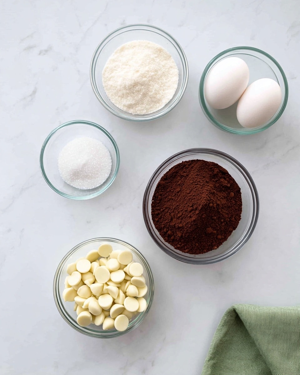 Five clear glass bowls are placed on a white marbled surface. The top right bowl is filled with dark brown cocoa powder, smooth and evenly spread. Below it and slightly to the left is a bowl with two white eggs sitting side by side, with smooth shells. To the left of that, there's a bowl full of white granulated sugar, evenly packed. Above the sugar bowl, another small bowl holds a small mound of white salt. At the bottom left, a bowl contains many round, pale yellow white chocolate chips. On the bottom right of the image, part of a green cloth napkin is slightly visible. photo taken with an iphone --ar 4:5 --v 7