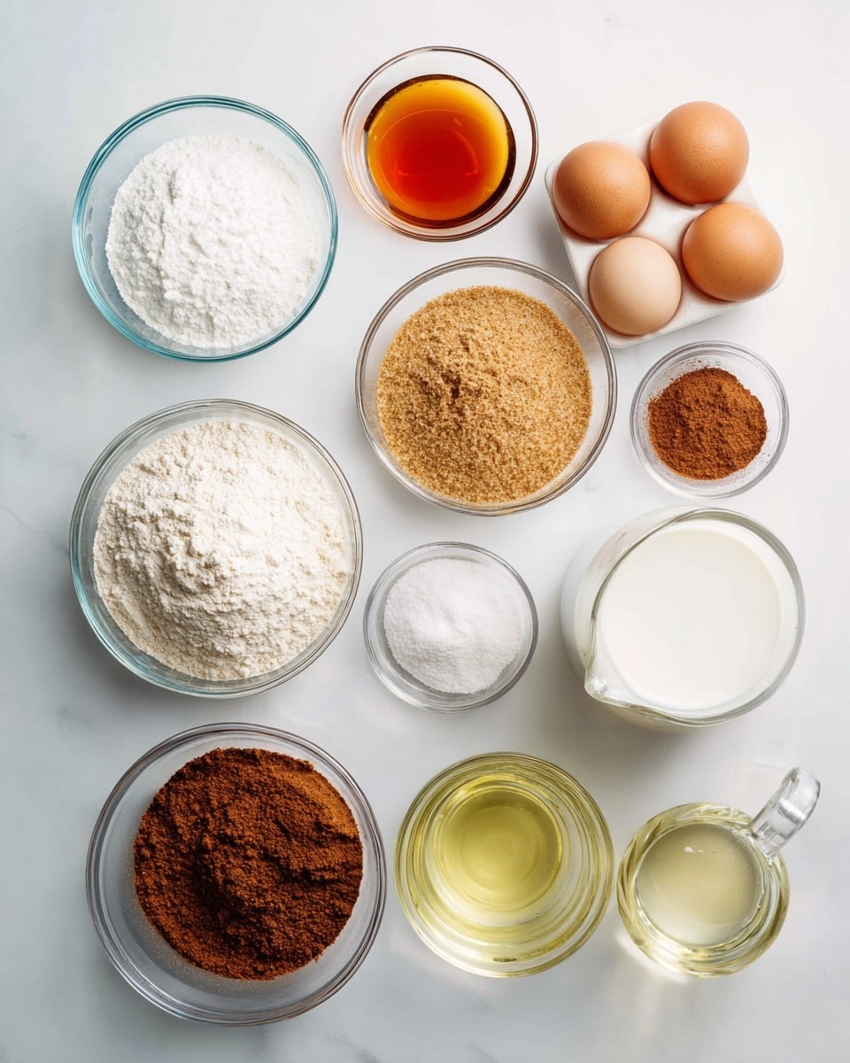 The image shows a top view of various baking ingredients set on a white marbled surface. There are nine clear glass bowls and one carton with four brown eggs. Starting from the top left, a small bowl with white powder, a small bowl filled with amber liquid, and a large bowl with light brown crumbs are placed. Below, there is a medium bowl filled with white flour, a medium bowl with a mix of brown powders or cocoa, a small bowl with white powder, a medium bowl with clear yellow oil, a glass jug with clear water, and a large bowl with milk. The eggs are in a white carton near the center right. The photo was taken with an iphone --ar 4:5 --v 7