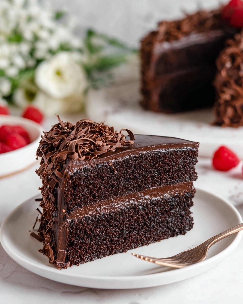 A close-up image of a two-layer dark chocolate cake slice being lifted from the whole cake with a flat metal spatula. The cake has rich, moist, dense dark brown layers with thick, smooth, dark chocolate frosting between and on top. The top is decorated with thin, curly chocolate shavings that have a light brown color. The background shows a white marbled surface with out-of-focus white bowls, one with red raspberries. photo taken with an iphone --ar 4:5 --v 7