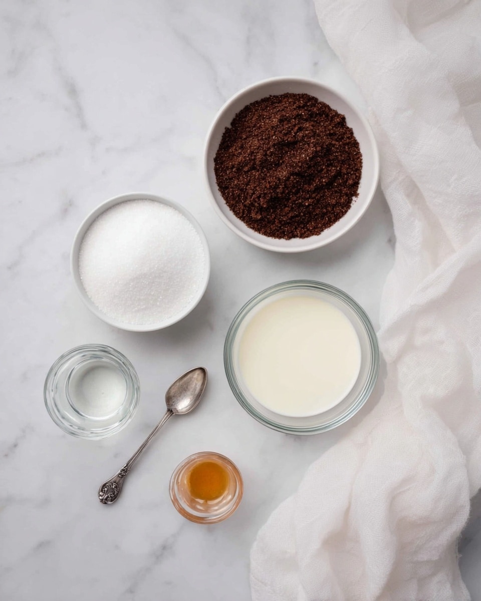 The image shows six small white bowls placed on a white marbled surface. In the top center, there is a bowl filled with dark brown powder with a rough texture. Below that to the left is a bowl filled with white granulated sugar. To the right of the sugar bowl is a transparent glass bowl filled with creamy white milk. In the bottom left corner, there is another transparent glass bowl with clear liquid. A small vintage silver spoon rests between the milk and sugar bowls. Next to the spoon on the right side is a tiny white bowl or shot glass with a light amber liquid. A soft, white fabric cloth drapes softly across the top right corner of the image. The photo taken with an iphone --ar 4:5 --v 7