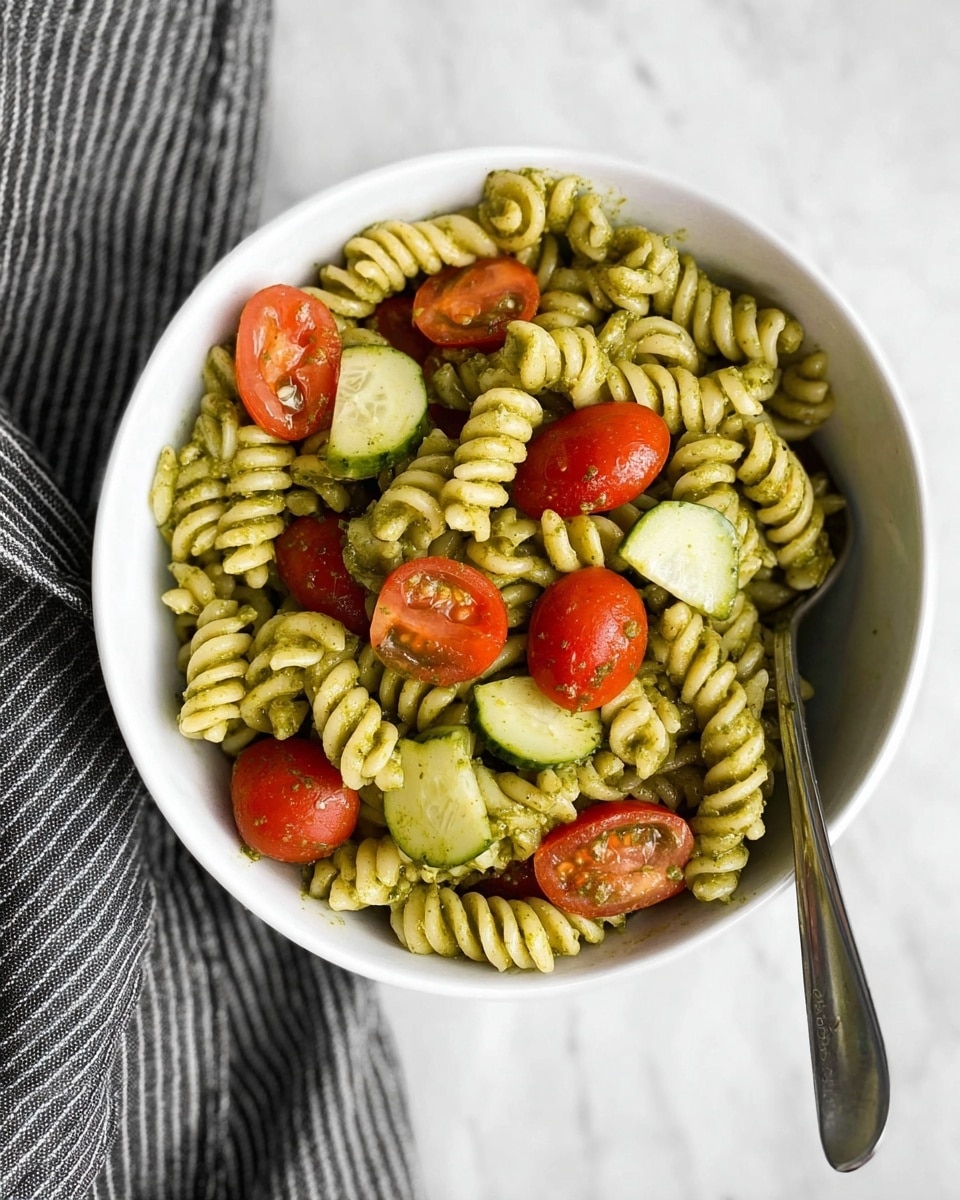 The image shows a white bowl filled with a pasta salad that has three main layers. The bottom layer is made of spiraled rotini pasta in a light yellow color, coated with a slight greenish tint suggesting a pesto or herb dressing. Mixed within the pasta are halved bright red cherry tomatoes and quartered light green cucumber slices. Small white mozzarella balls are scattered throughout the bowl, adding contrast and texture. A silver fork is placed inside the bowl, partially resting on the edge, and the bowl sits on a white marbled surface with a gray and white striped cloth beside it. Photo taken with an iphone --ar 4:5 --v 7