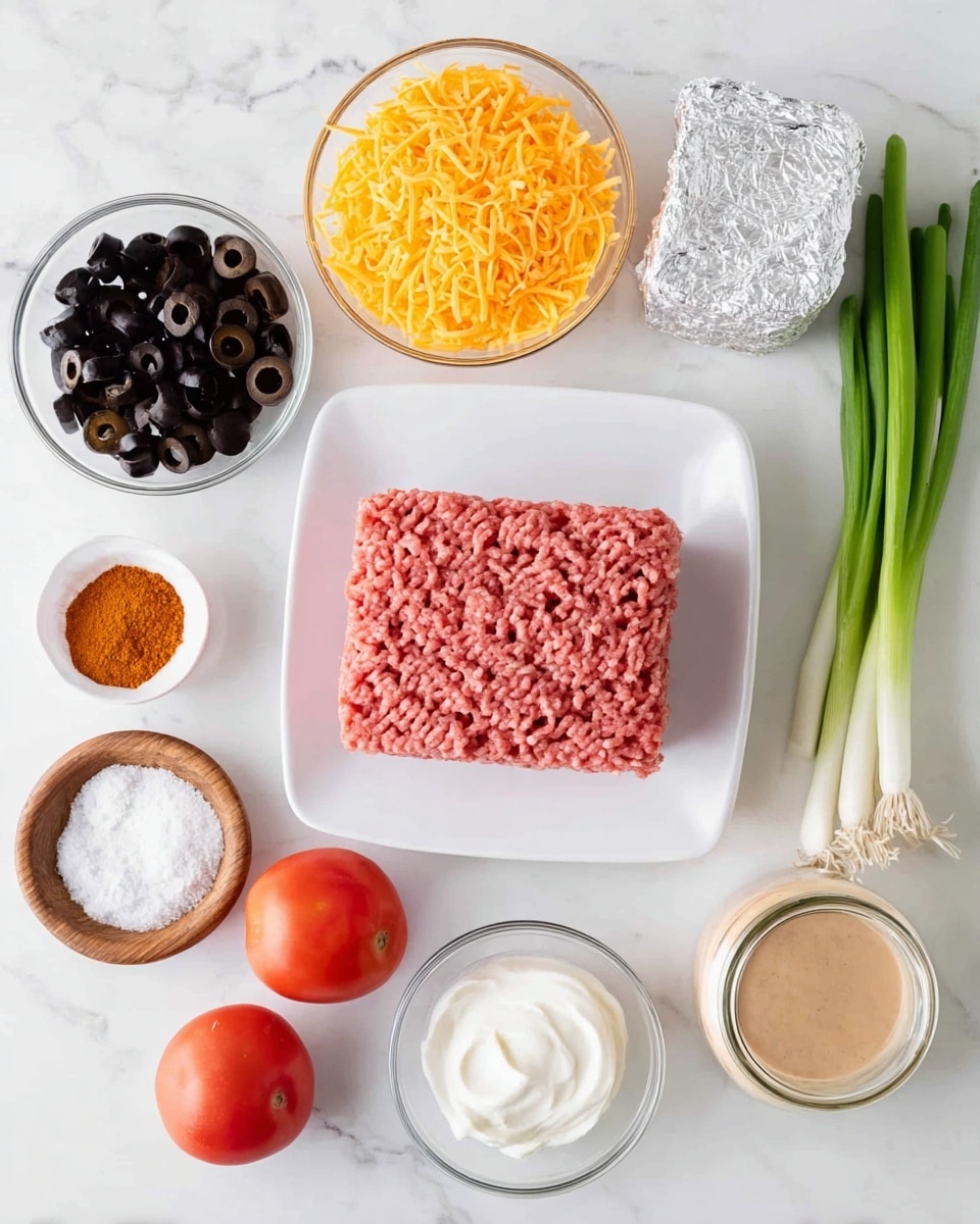 A white square plate holds a flat, pink block of ground meat in the center of the image. Around it, on a white marbled surface, are several small glass bowls and dishes containing different ingredients: bright orange shredded cheese in one bowl, dark sliced black olives in another, and plain white sour cream in a third. Nearby is a small wooden bowl filled with white salt, a small white bowl with an orange spice powder, a partially sliced red tomato, a few green onions with long green stalks, a partially opened foil-wrapped block of cream cheese, and an open jar of creamy sauce with light brown color. All items are neatly arranged, showing bright, natural colors. Photo taken with an iphone --ar 4:5 --v 7