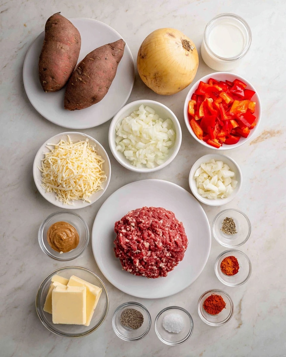 A top-down view of various cooking ingredients arranged neatly on a white marbled surface: a white round plate at the top left holds two dark brown sweet potatoes and one light yellow potato; a white bowl at the top right contains bright red chopped bell peppers; below that, a white bowl is filled with finely chopped white onions; next to it is a clear glass cup with a white liquid, likely milk; next to the cup, small white dishes hold ground cinnamon and black pepper; below them, a white bowl has shredded pale yellow cheese; to the left, a small white dish holds a brown paste, possibly peanut butter; nearby, a white dish contains two pieces of yellow butter; small clear bowls hold red chili flakes, garlic powder, smoked paprika, and salt; in the center, a white plate displays a mound of raw ground red meat. Photo taken with an iphone --ar 4:5 --v 7