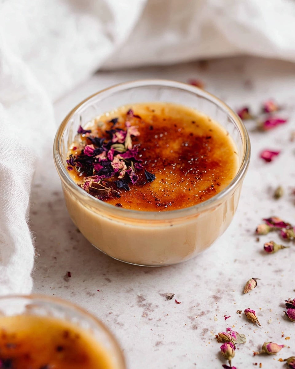 A clear round glass dish holds a creamy, pale beige dessert with a smooth texture, topped with a burnt golden-brown caramelized layer that looks shiny and slightly crackled. There is a small garnish of dried dark purple and pink flower petals on one side of the caramel layer. The dish sits on a surface with a white marbled texture, with scattered small dried flower pieces around it. Part of a second identical dish is visible at the bottom edge of the image. A white cloth is softly crumpled on the left side of the frame. photo taken with an iphone --ar 4:5 --v 7